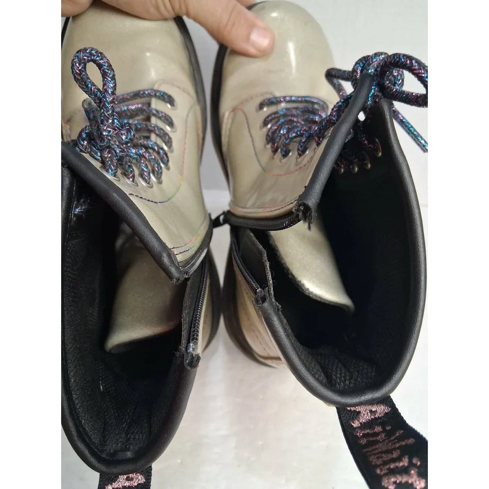 Dr Martens Kids Glitter Lace Up Zip Combat‎ Boots Silver Size US 4 M READ